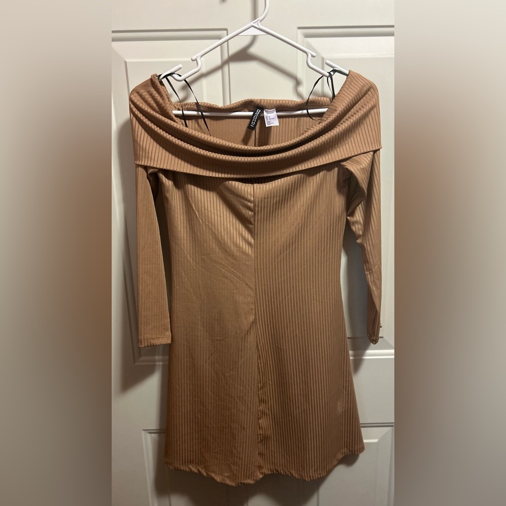 Divided Tan Off-Shoulder Dress